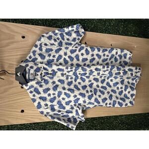 International Report Men's Short Sleeve Button-Up Shirt - Blue Pineapple Print,
